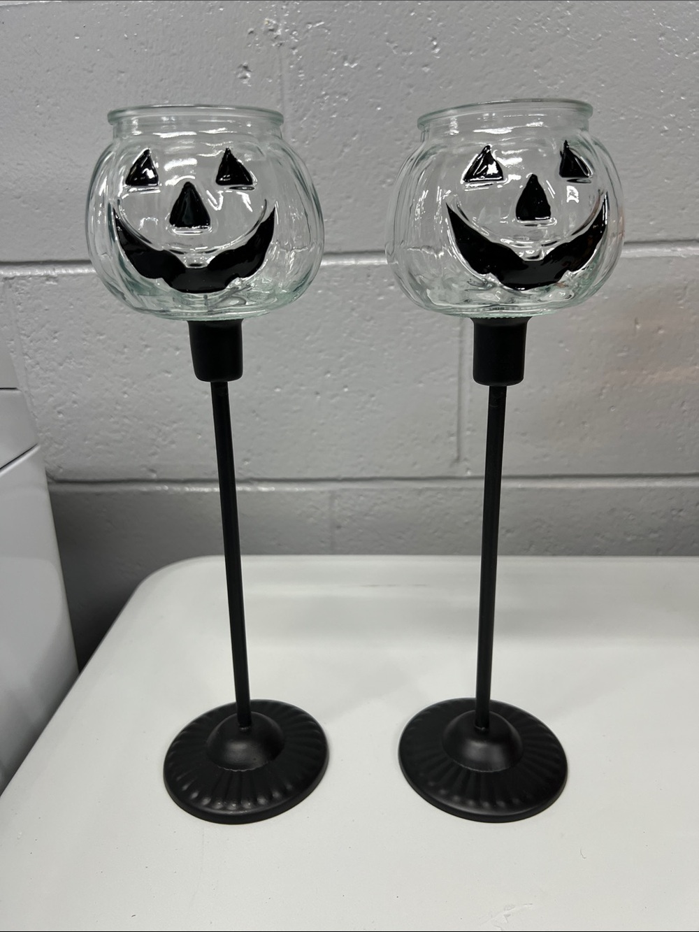 Glass Jack-O'-Lantern Candle Holders in Clear and Black - Set of 2